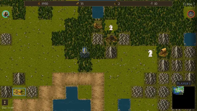 Overworld map of forests, mountains and rivers, with a commander's army and knights moving between towns