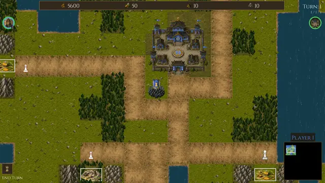 A blue Xiangqi stronghold on the overworld, with pawns and a commander's army nearby