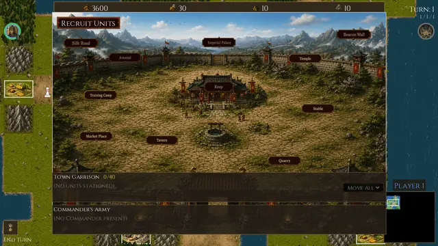 The recruit screen inside a Xiangqi town, showing the Imperial Palace, Keep, Temple, Arsenal, Stable and Silk Road