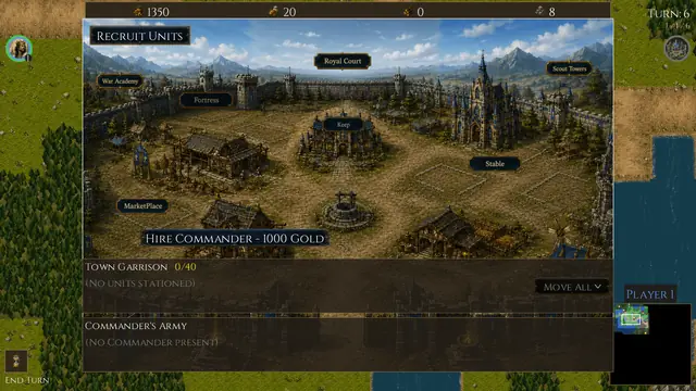 The recruit screen inside a Chess town, showing the Royal Court, War Academy, Fortress, Keep and the option to hire a commander