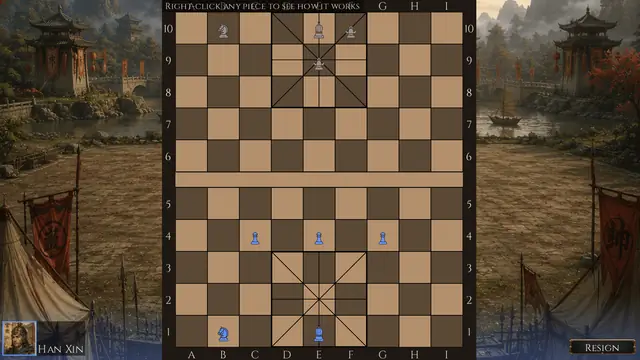 A Xiangqi battle in progress on a nine by ten board with the river and both palaces