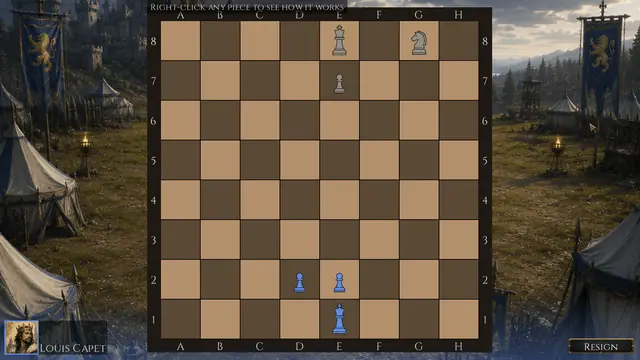 A Chess battle in progress on a standard eight by eight board, seen from a war camp