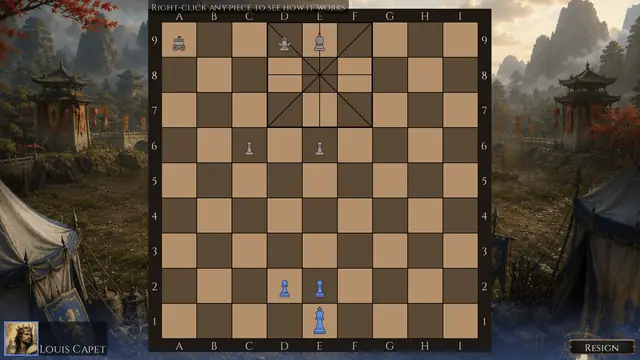 A joined board where a Chess territory meets a Xiangqi territory, with a palace on the Xiangqi side